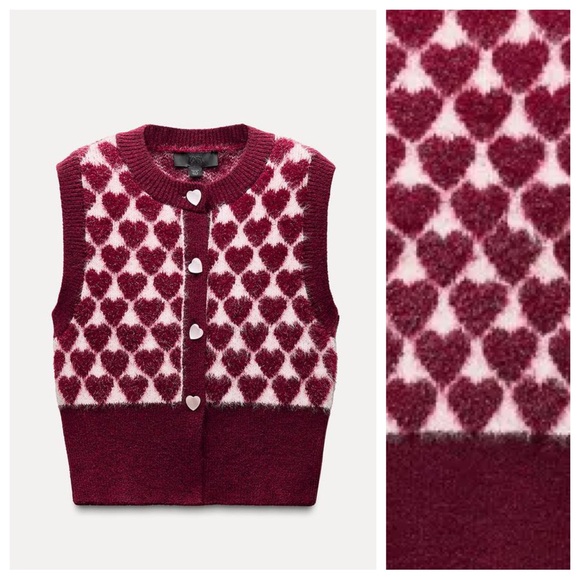 NWT. Zara Red/Pink Hearts Jacquard Knit Vest Sleeveless Top. Size L. - Picture 7 of 12